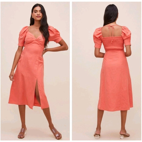 Astr Dresses & Skirts - Astr The Label Fern Puff Sleeve Midi Dress Orange Punch Women’s Size Large